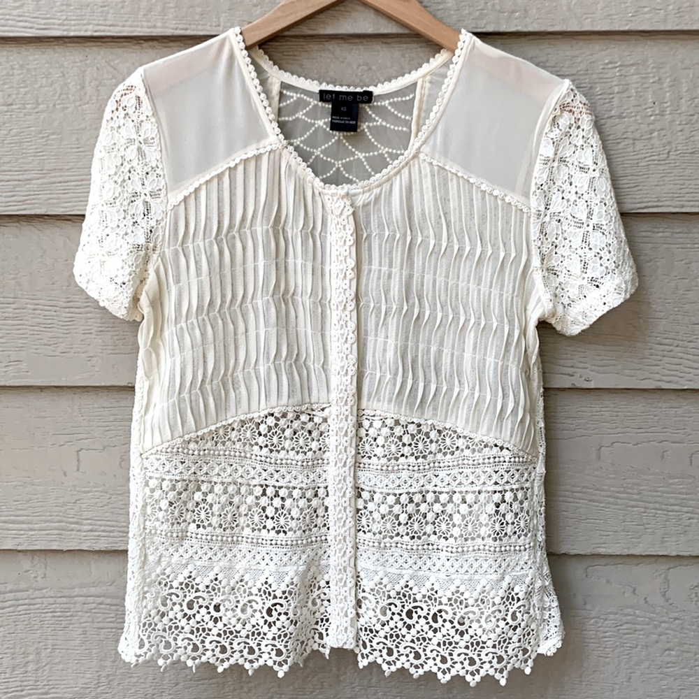 Anthropologie let me be Crochet Lace Top with Pleated Chiffon and Pearl Beads